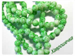 Намистини скляні мармурові, 8 мм, БІЛО-ЗЕЛЕНІ